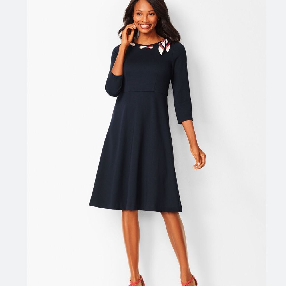 Style Talbots Fit & Flare Navy Blue Dress with Red;white & blue Accents Sz 8